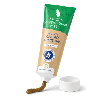 Natürliche Gastrointestinalpaste für Katzen in einer Tube, die probiotische Vorteile bietet, mit Text in Deutsch und einem grün-braunen Design.