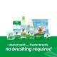 Dog dental care products: wipes, gel, spray, and sticks with the tagline "cleaner teeth and fresher breath, no brushing needed."