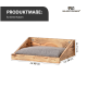 Holzkatzenbett mit einem grauen Kissen, Abmessungen beschriftet: ca. 40 cm breit, 28 cm tief und 15 cm hoch, entworfen für kleine Katzen.