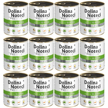 Premium Adult bogata w dziczyznę puszka 12x800 g Dwanaście puszek karmy dla psów Dolina Noteci Premium, oznaczonej "Bogata w dziczyznę", z tekstem mówiącym o tym, że jest to pełnoporcjowa karma dla dorosłych psów wszystkich ras.