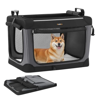 Ein glücklicher Shiba Inu Hund, der in einer tragbaren Haustierbox mit Netzpaneelen entspannt, mit einer weichen weißen Bettwäsche und einem zusammenklappbaren Design.