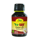 Flasche von cdVet Fit+BARF Futteröl, gekennzeichnet als 100% natürlich, mit einem grünen Blattgrafik auf einem roten und gelben Hintergrund.