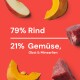 Das Bild zeigt einen roten Hintergrund mit dem Text "79% Rind, 18% Gemüse, Obst & Mineralien" neben Stücken von Apfel, Kürbis und rohem Rindfleisch.