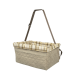 Eine beige Haustiertrage mit einem gesteppten Äußeren und einem karierten Stofffutter, ausgestattet mit einem braunen Tragegurt für einfachen Transport.