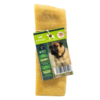 Jouet à mâcher pour chien jaune étiqueté "DAUERKAUER," mettant en avant un bullmastiff et soulignant "100% naturel," "soulagement du stress," et "soins dentaires."
