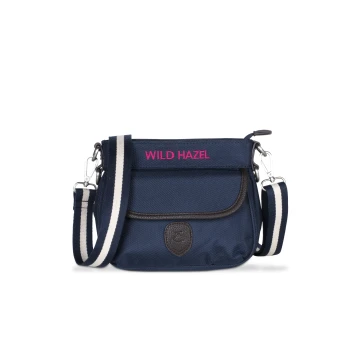 Navyblaue Tragetasche für Haustiere mit einem pinken "WILD HAZEL"-Logo, mit einem Schultergurt und einer Fronttasche.