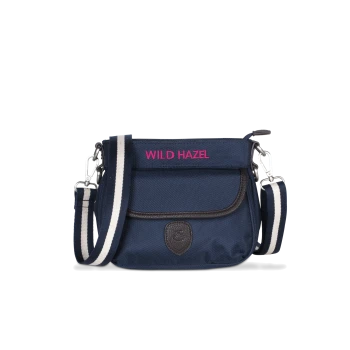 Navyblaue Tragetasche für Haustiere mit einem pinken "WILD HAZEL"-Logo, mit einem Schultergurt und einer Fronttasche.