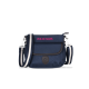 Navyblaue Tragetasche für Haustiere mit einem pinken "WILD HAZEL"-Logo, mit einem Schultergurt und einer Fronttasche.