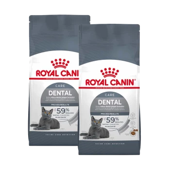 Zwei Beutel Royal Canin Dental Katzenfutter mit einer grauen Katze auf der Vorderseite, die reduzierte Zahnbeläge und Zahnstein in 28 Tagen bewirbt.