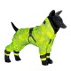 Ein schwarzes Hundemanikin trägt einen leuchtend grünen Regenmantel mit einem Tennisballmuster, mit verstellbaren Riemen und einer Kapuze.