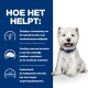 Afbeelding van een hond met een blauwe halsband, vergezeld van tekst die de voordelen van een specifiek hondenvoer voor huidverbetering en allergieondersteuning beschrijft.