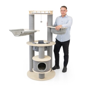 Mann steht neben einem großen mehrstufigen grauen und beigen Katzenbaum mit Plattformen, einer Hängematte und einem hängenden Spielball.