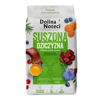 Torba z jedzeniem dla zwierząt Dolina Noteci Premium, z zielonym opakowaniem i obrazkami mięsa, jajka i warzyw, oraz tekstem w języku polskim.