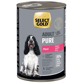 Dose Select Gold Adult Pure Hundefutter mit Pferdefleisch, mit Bild eines schwarz-weißen Hundes und Text, der 70 % Pferdeprotein und getreidefreie Rezeptur hervorhebt.