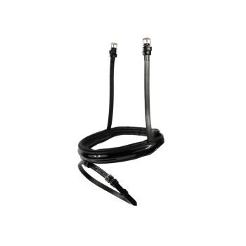 Eine elegante schwarze Lederleine für Hunde mit glänzender Oberfläche, die eine Metallschnalle und ein glattes, abgerundetes Design aufweist.