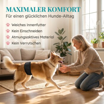 Bild eines Haustierträgers aus weichem Material, mit elastischen Bändern und geräuschreduzierendem Design, beschriftet mit "Hoher Tragekomfort."