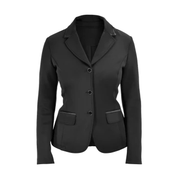 Schwarze Damenblazer mit Reverskragen, drei Knöpfen und zwei Fronttaschen, mit einem eleganten, modernen Design.