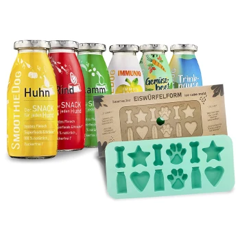 Bunte Snacks für Haustiere in Flaschen, beschriftet mit "Huhn," "Rind," "Lamm," "Immuno," "Gemüse," und einer grünen, knochenförmigen Eiswürfelschale.