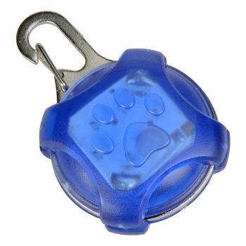 Lumière de sécurité pour animaux de compagnie bleue avec un design de patte et un clip en métal pour attache.