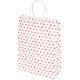 Eine weiße Geschenktüte, dekoriert mit einem Muster aus kleinen roten, rosa und lila Herzen, mit zwei stabilen Griffen.