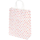 Eine weiße Geschenktüte, dekoriert mit einem Muster aus kleinen roten, rosa und lila Herzen, mit zwei stabilen Griffen.