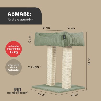Katzenbaum mit einem grünen Plüschbett, Abmessungen 35 cm x 52 cm x 15 cm, unterstützt bis zu 15 kg, mit zwei Kratzpfosten.