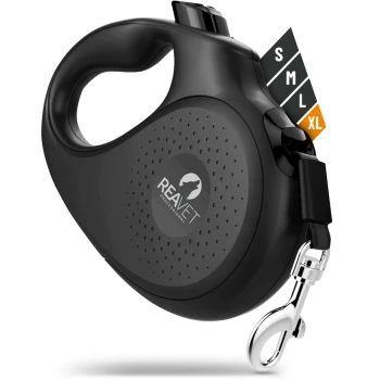 Schwarze, einziehbare Hundeleine mit strukturiertem Griff, mit einem Logo, das "REAVET PROFESSIONAL" liest, und Größenindikatoren S, M, L, XL.