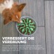 Ein Hund frisst aus einer grünen langsamen Futter-Schüssel, umgeben von Trockenfutter; der Text lautet "Verbessert die Verdauung" über Verdauungsvorteile.