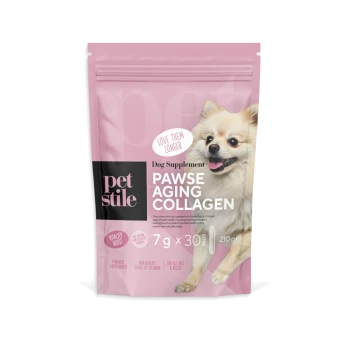 Petstile Pawse Aging Collagen Hundezusatz, 7g x 30 Beutel, Vitalitätsboost, für alle Altersgruppen und Rassen, mit Bild eines glücklichen kleinen Hundes.