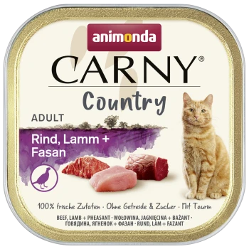 Etykieta karmy Animonda CARNY Country dla dorosłych kotów z rudzielcem oraz obrazkami surowej wołowiny/jagnięciny/bażanta i tekstem 'Rind, Lamm + Fasan'.