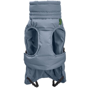 Hellblaues Hundewestchen mit hohem Kragen, Armausschnitten und verstellbaren Riemen für Komfort und Passform.