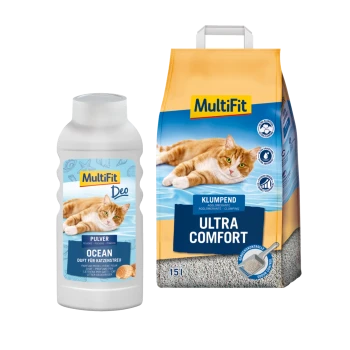 MultiFit Katzenprodukte: "Ocean" Deodorierungspulver und "Ultra Comfort" Klumpstreu, beide mit einer Katze auf der Verpackung.