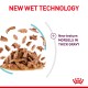Image of pet food showcasing "NEW WET TECHNOLOGY" with morsels in thick gravy, featuring scattered pieces and a logo at the bottom right.