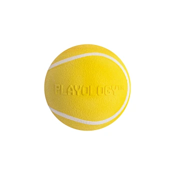 Squeaky Chew Ball Chicken Medium Gelber Gummihundeball mit strukturierter Oberfläche und weißen Streifen, mit dem eingeprägten Markennamen 'PLAYOLOGY.'