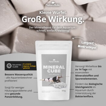 NatureHolic 'Mineral Cube' Beutel (30 g) mit Garnelenbild; Überschrift 'Kleine Würfel, Große Wirkung.' und Kennzeichnung 'Langzeit-Mineraldepot'