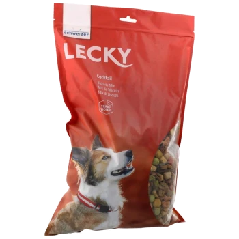 Rote LECKY-Hundekeks-Tüte (Schweizer) mit Aufschrift 'Cocktail', Foto eines Hundes und sichtbaren mehrfarbigen Keksen.