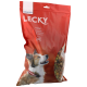 Sac rouge de biscuits pour chiens LECKY (Schweizer) étiqueté 'Cocktail', avec une photo d'un chien et des biscuits multicolores visibles.