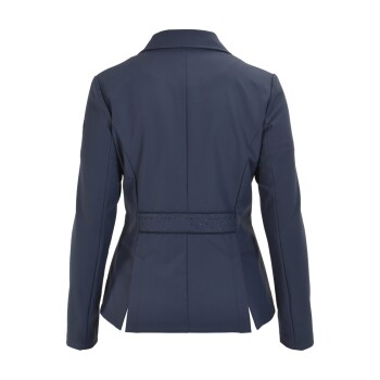 Rückansicht einer marineblauen Haustierjacke mit einem taillierten Design und einem dekorativen Gürtel mit kleinen Nieten.