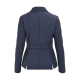 Rückansicht einer marineblauen Haustierjacke mit einem taillierten Design und einem dekorativen Gürtel mit kleinen Nieten.