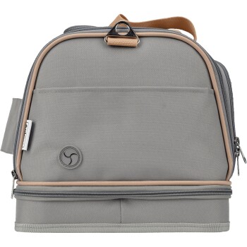 Graue Haustiertragetasche mit einem hellbraunen Rand, mit einer Fronttasche und einem Reißverschluss, entworfen für den Transport von Haustieren.