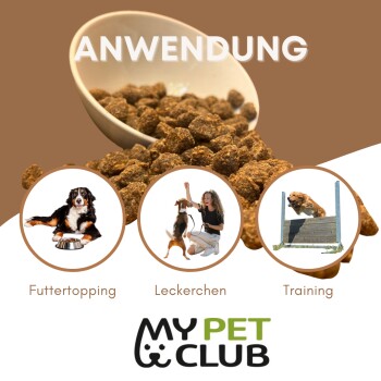 Schüssel mit braunem Futter, beschriftet mit "ANWENDUNG." Enthält Bilder eines Hundes mit einer Schüssel, der ein Leckerli bekommt und springt. Logo: "MY PET CLUB."