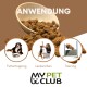 Schüssel mit braunem Futter, beschriftet mit "ANWENDUNG." Enthält Bilder eines Hundes mit einer Schüssel, der ein Leckerli bekommt und springt. Logo: "MY PET CLUB."