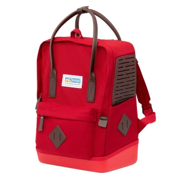 Hunderucksack Nomad Roter Haustiertrage-Rucksack mit braunen Akzenten, mit einem Kurgo-Logo, seitlicher Belüftung und verstellbaren Riemen.