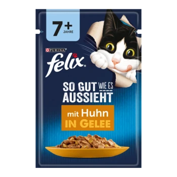 Felix Katzenfutterbeutel mit einer verspielten schwarz-weißen Katze, beschriftet mit '7+ Jahre' und 'mit Huhn in Gelee' neben einer Schüssel mit Futter.
