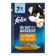 Felix Katzenfutterbeutel mit einer verspielten schwarz-weißen Katze, beschriftet mit '7+ Jahre' und 'mit Huhn in Gelee' neben einer Schüssel mit Futter.