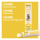 GimCat Cheese Biotin Paste mit grauer Katze vor gelbem Hintergrund; Text: OHNE Zuckerzusatz, Farbstoffe, Konservierungsstoffe.