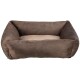 Braunes Plüsch-Hundebett mit hohen Seiten und einem weichen beigen Innenkissen, entworfen für Komfort und Entspannung.