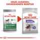 Zwei Säcke Royal Canin "Mini Sterilised" Hundefutter: grün für "Gesunde Gewichtserhaltung" und lila für "Hält das Idealgewicht."