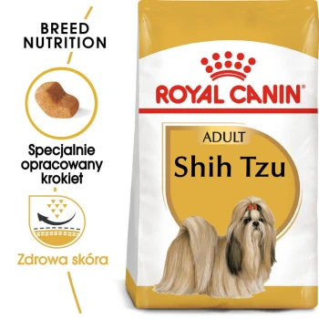 Torba z jedzeniem dla psów Royal Canin Adult Shih Tzu z ilustracją Shih Tzu, z tekstem podkreślającym odżywianie rasy i zdrową skórę.