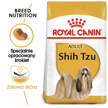 Torba z jedzeniem dla psów Royal Canin Adult Shih Tzu z ilustracją Shih Tzu, z tekstem podkreślającym odżywianie rasy i zdrową skórę.